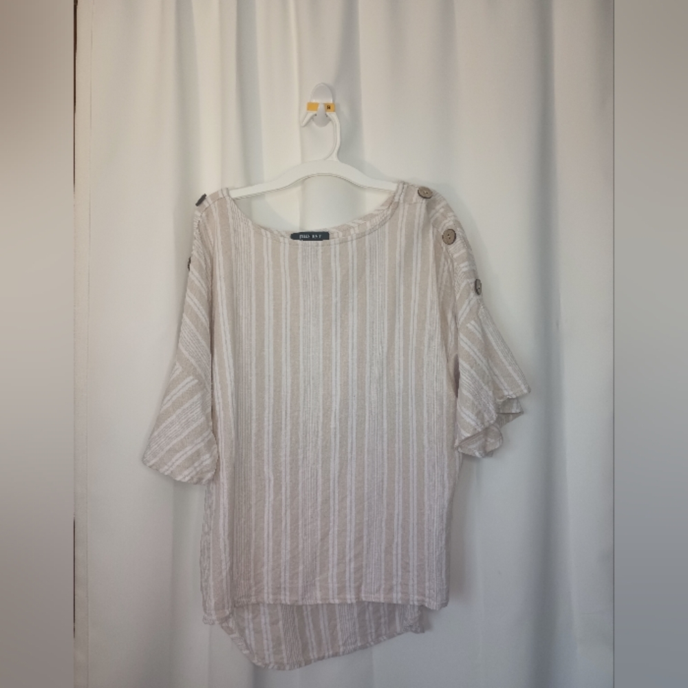 Ellen Tracy Womens Coastal Linen Top Large Beige Stripe Button Lagom Beachy